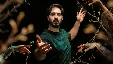 A man stands with one arm reaching forward and one back. He is surrounded by tree branches and other hands.