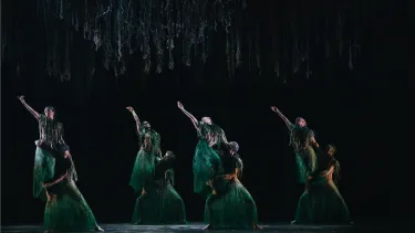 Four men in green hold four women in green aloft in formation.