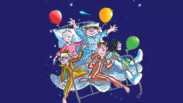 An illustration of children in a flying bed