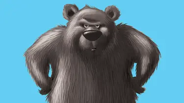 A large grey bear stands in front of a blue background with its hands on its hips.