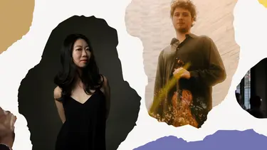 A man holds a violin and a woman stands with her hands behind her back.