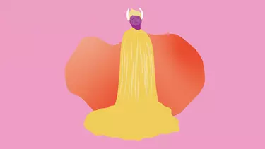 An animated man with horns wearing a yellow cape.