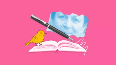 A collage featuring a yellow bird, a pen and a scrap of paper with a face on of a mature white woman.