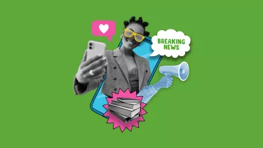 A graphic collage featuring a young, black women taking a selfie with a text bubble saying 'breaking news'.