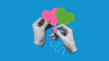 Two hands sewing two hearts together.