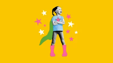 A collage of a young girl wearing a cap surrounded by coloured stars.