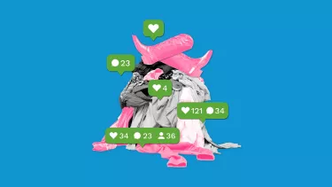 A collage of a pile of discarded clothes surrounded by Instagram likes.