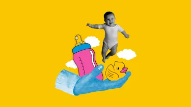 A collage featuring a mans hand holding a rubber duck, a bottle and a baby. Clouds surround the collage.