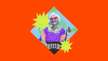 Cartoon character smiling against a vibrant orange background, showcasing a playful and cheerful expression.