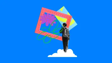 A person with a backpack stands on a cloud, gesturing at a colorful collage.