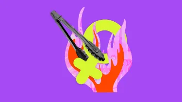 A pair of black tongs rests on a green female gender symbol with pink and orange flames.