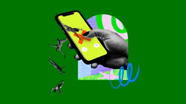 A hand holds a smartphone with a yellow screen and red "X." Flying figures fall off the screen.