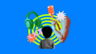 A child in a gray shirt looks at a bright blue collage featuring green headphones, a flexing arm, a mallet, stars, and swirls.