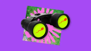 Black binoculars with eyepieces showing red sperm icons on yellow backgrounds.