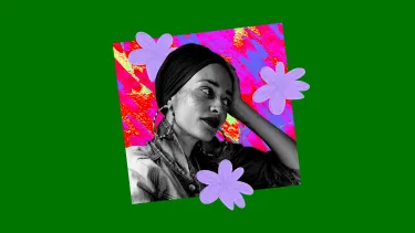 A grayscale photo of a person wearing a headscarf and earrings is layered over a vibrant pink and red background with purple flowers.