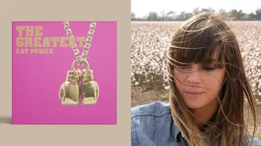 The greatest cat power pink, square with gold chain on the left and on the right, one woman seen from the shoulders up standing in front of a field of white flowers.