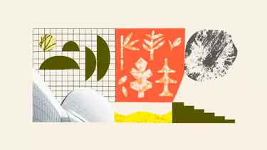 A geometric design featuring the Opera House sails and pictures of trees and leaves