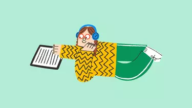 An illustration of a person lying on their front, reading a paper, smiling and wearing headphones.