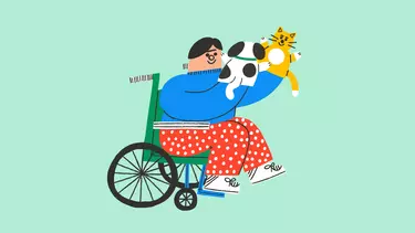 An illustration of a young person in a wheelchair, smiling and holding a dog and a cat puppet up in the air.