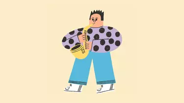 An illustration of a young person wearing a polka dot jumper and jeans, playing a saxophone.