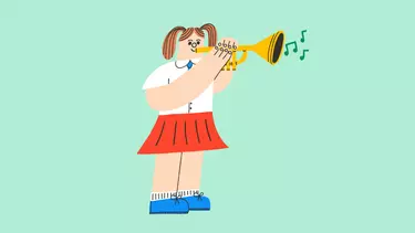 An illustration of a girl in school uniform, playing a trumpet, against a light green background.