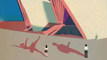 A painting of Sydney Opera house with two kids standing in front of it.