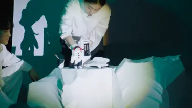 A lady stands behind a miniature set of a living room. She is using a finger puppet of a character in the room.