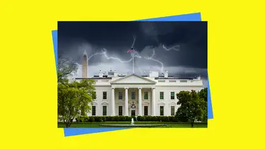 A dark stormy sky above the American White House. The American flag can be seen on top of the building among the storm and there is lush greenery and a fountain in the front garden.