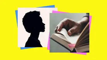 Two images side by side. The first is a black silhouette of a person. The second is a book being flipped through with a hand.