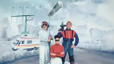 Three news reporters on a broken iceberg floating off to sea