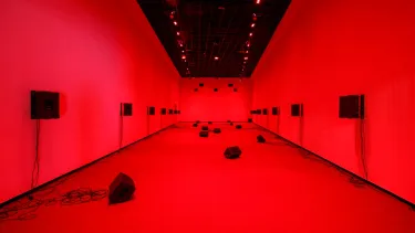 An experiential artwork in a red-lit room with speakers lining the walls.