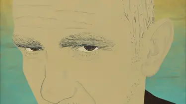 A drawing of a man with short hair, gazing with a blue and yellow background.