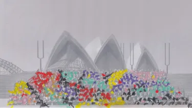 Figures on the opera house forecourt with coloured pencils shading over their bodies