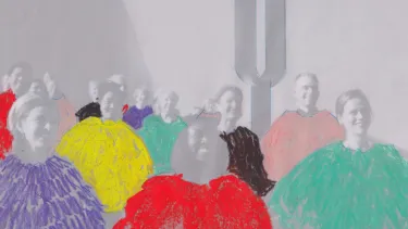 Figures on the opera house forecourt with coloured pencils shading over their bodies