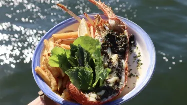 A plate of grilled lobster over water.