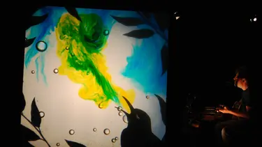 A shadow projection of a bird. It has blue and yellow colours swirling from its mouth.
