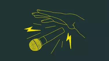 A bright yellow illustration of a hand dropped a microphone with lightnight bolts surrounding it on a dark green background.