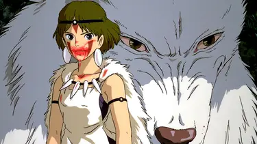 An animated young woman standing in front of a large white wolf