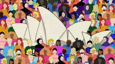 An animation of Sydney opera house with diverse people around it.