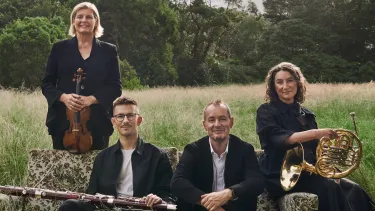 Four chamber orchestra members sit in a grassy field.