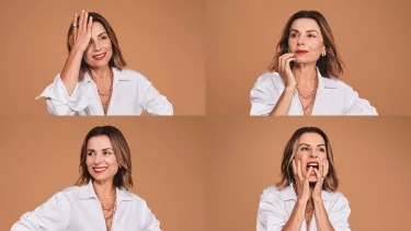 A collage of a woman in a white shirt with different face expressions.