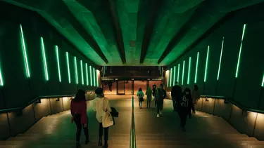 People on the staircase of the Sydney opera house.