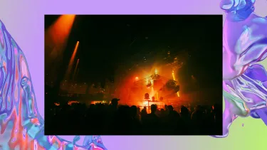 A lively nightclub scene with orange lasers illuminating a crowded audience. The image overlays a background of a purple iridescent swirl, looking like water.