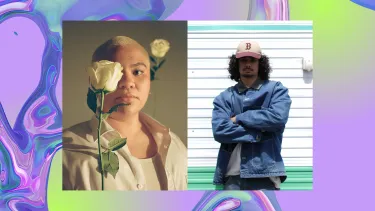 Two portraits on a background of a purple, iridescent swirl, looking like water. Left: Person with a shaved, blonde hair holding a white rose. Right: Man in denim jacket, arms crossed, relaxed.