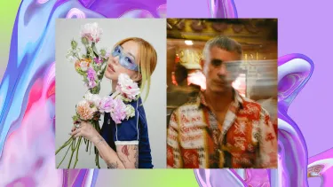 A collage featuring a woman with blue eye makeup holding colorful flowers on the left and a man in a patterned shirt on the right. The backdrop is a purple, iridescent swirl, looking like water.