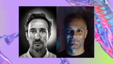 Two images of men looking straight on are overlayed against a backdrop with a purple, iridescent swirl, looking like water.
