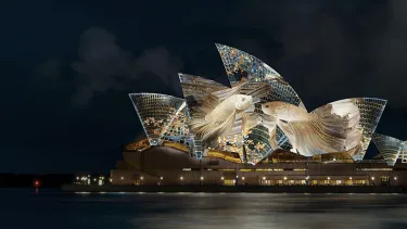 The Sydney Opera House sails are visible with the harbour in the foreground. The sails are illuminated with projected art featuring two fish and other colourful elements.
