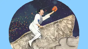 Illustrated scene of a child riding a large patterned whale through a starry night sky, surrounded by clouds, colourful confetti-like trails, and glowing jellyfish floating overhead.