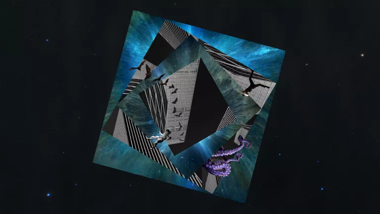 An animation of space with astronaut, a man, birds and an octopus.