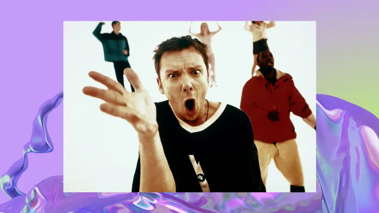 Five people dance in front of a white background.